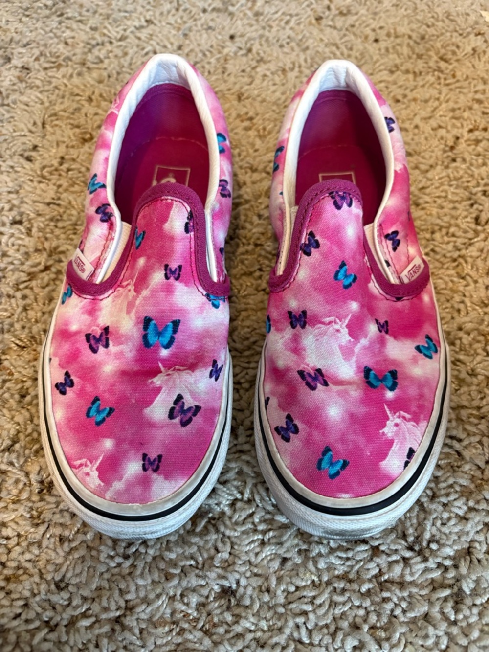 Vans Kids Pink Slip-On Sneakers with Teal & Purple Butterfly Print